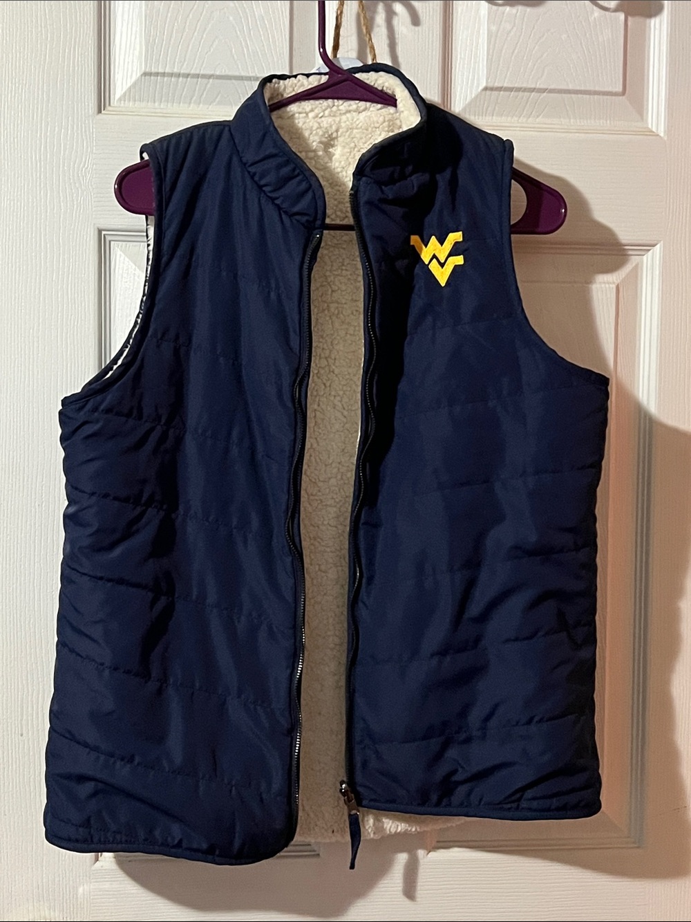 WV Navy Quilted Puffer Vest with Cream Sherpa Lining REVERSIBLE